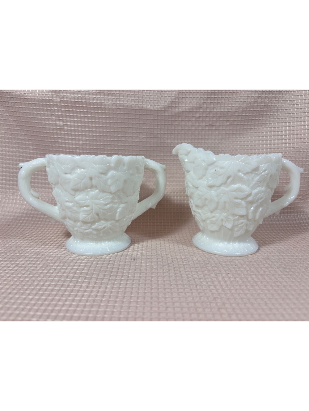 268 - white milk glass sugar bowl & creamer set Bramble Maple Leaf Westmoreland